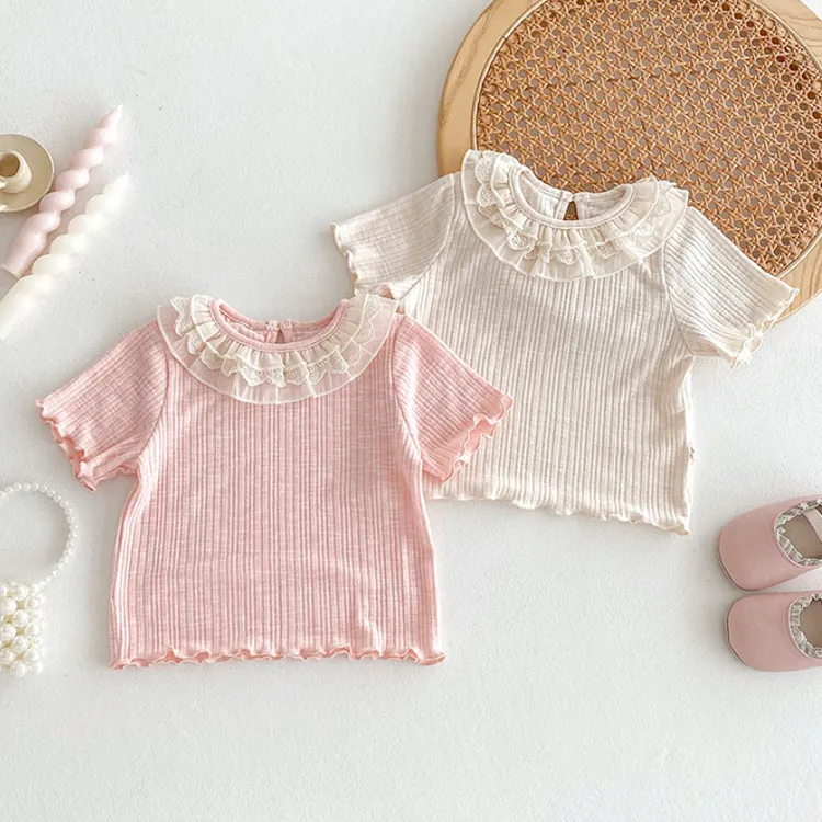 女童韩版T恤2025新款夏季儿童花边领短袖夏装宝宝洋气木耳边上衣