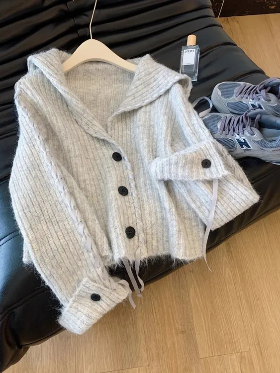 灰色长袖针织毛衣开衫百搭外套女上衣2025慵懒风宽松早秋韩系穿搭