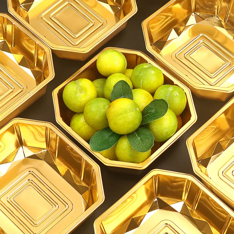 金色水果盒八角盒通用水果陈列托盘荔枝无盖包装盒加厚果切打包盒