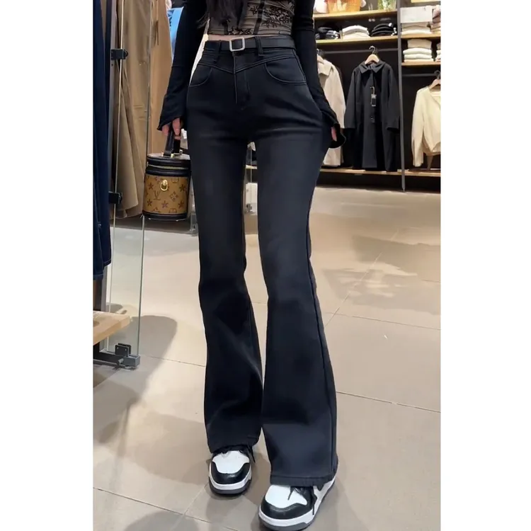 黑灰色微喇叭牛仔裤女2025秋季新款大码高腰弹力显瘦洋气马蹄裤女