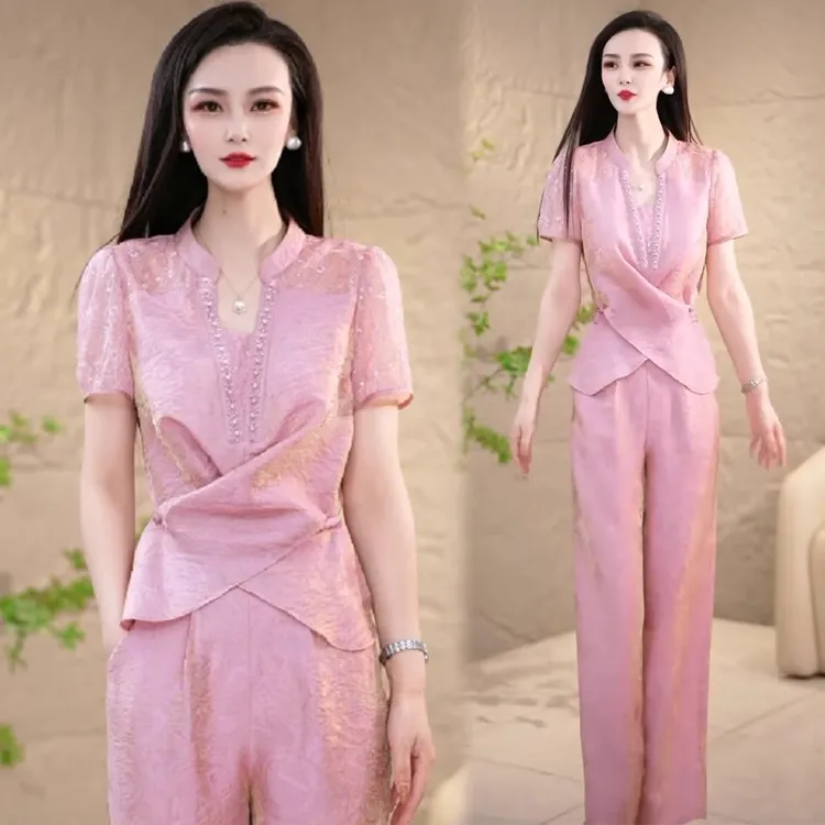 时尚套装女2025夏季新款时髦洋气小众设计感短袖上衣阔腿裤两件套