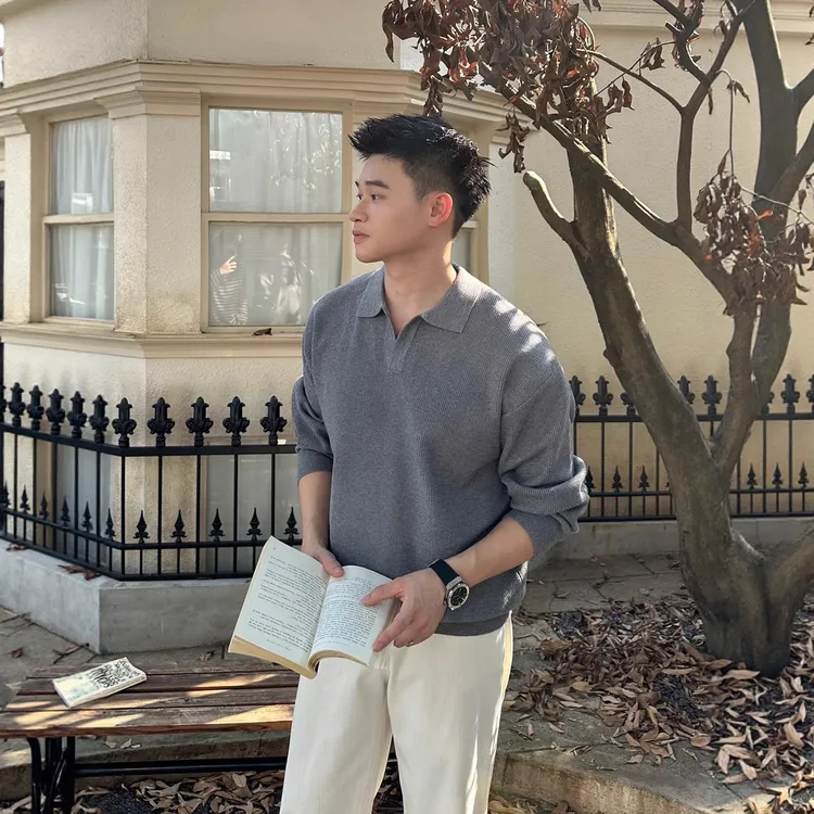 轻熟男士老钱松弛慵懒感纹理翻领针织长袖毛衣秋冬纯色POLO衫线衣