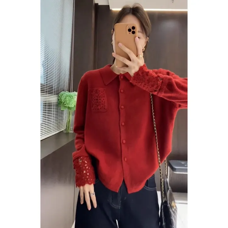 圣诞节穿搭法式翻领红色套头打底毛衣女秋冬内搭可外穿针织衫上衣