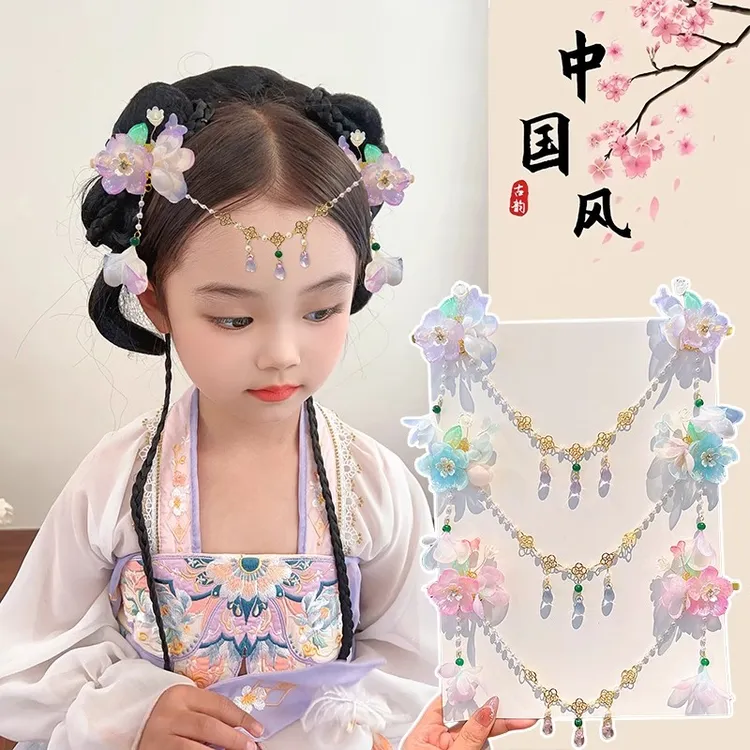 国风古风父亲节头饰女孩超仙步摇流苏额头链女童眉心吊坠唐装蝴蝶