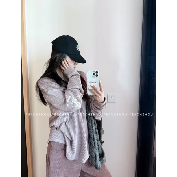 PEACHZHOU 华夫格洗水做旧磨破字母印花宽松圆领长袖美式休闲T恤