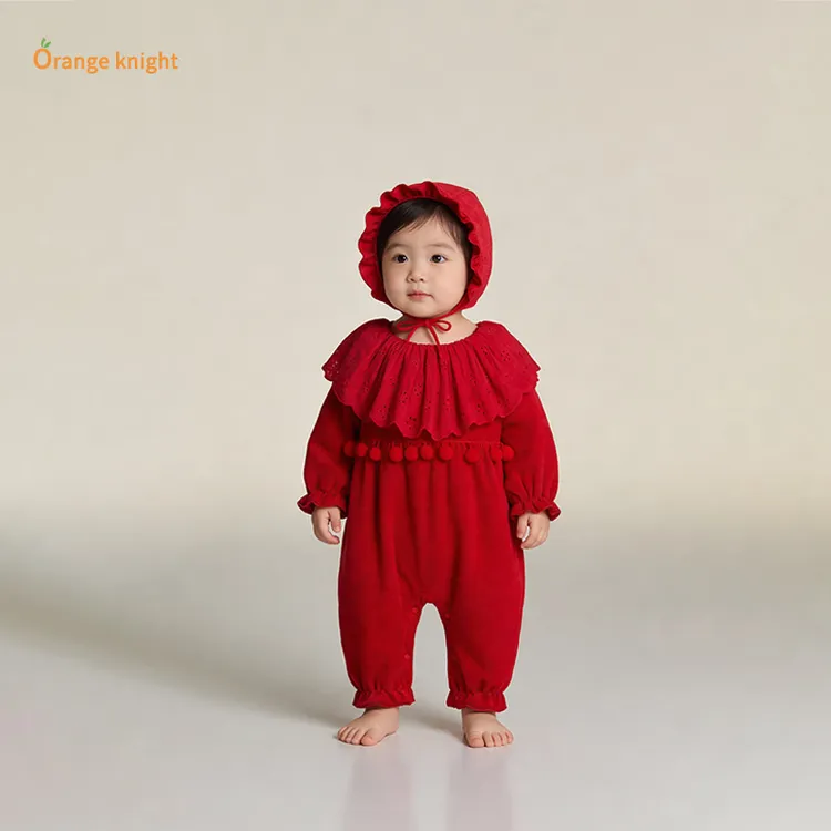 新生女婴荷叶领毛球加绒厚款秋冬装女宝宝保暖哈衣爬服可爱外出服