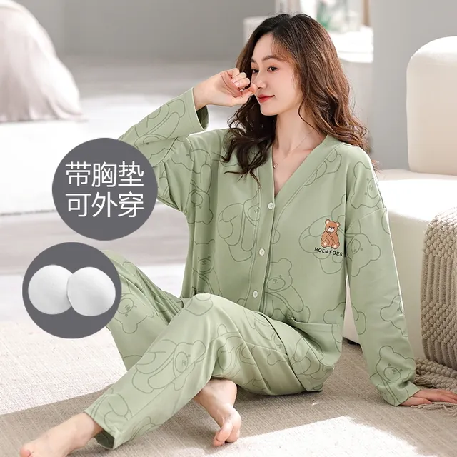 带胸垫一体睡衣女春秋款棉长袖和服甜美公主风可外穿家居服套装
