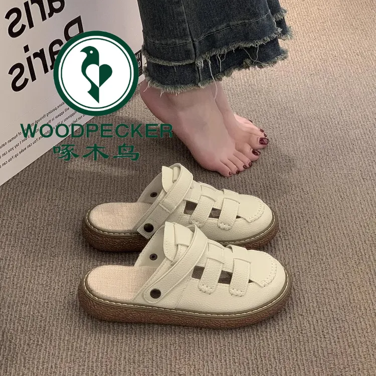 啄木鸟包头凉鞋女款夏季2025年新款两穿半拖鞋外穿平底镂空洞洞鞋