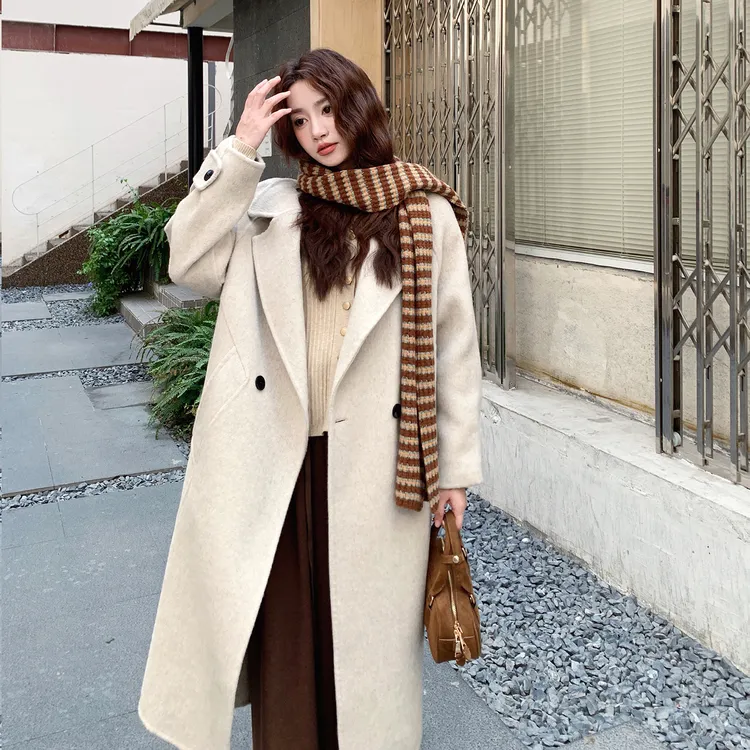 双面羊绒大衣女中长款2025秋冬新款韩版宽松过膝燕麦色毛呢外套女