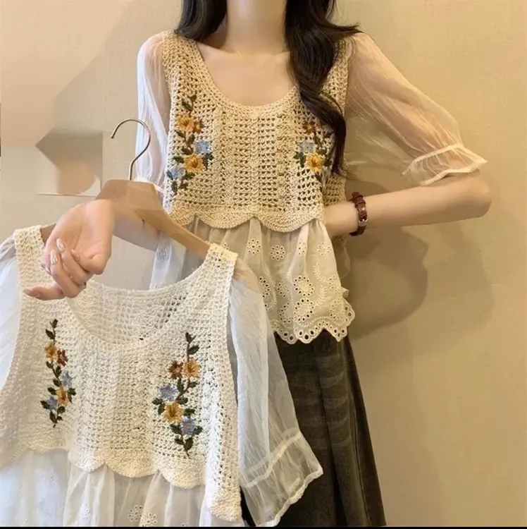 夏季款法式刺绣钩花镂空女波斯米亚民族风镂空上衣女夏0418