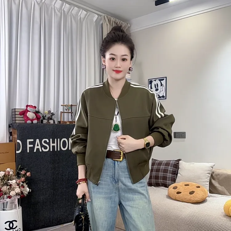 秋季新款2025休闲百搭时尚上衣女短款简约宽松长袖外套女立领