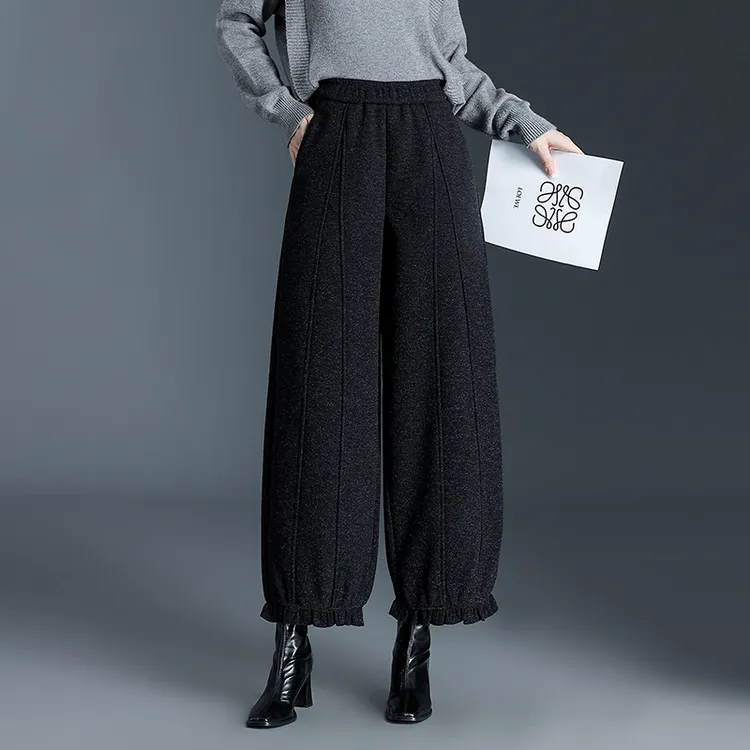 厚款毛呢花苞裤九分裤女秋冬2025新款松紧腰宽松遮肉阔腿休闲裤子