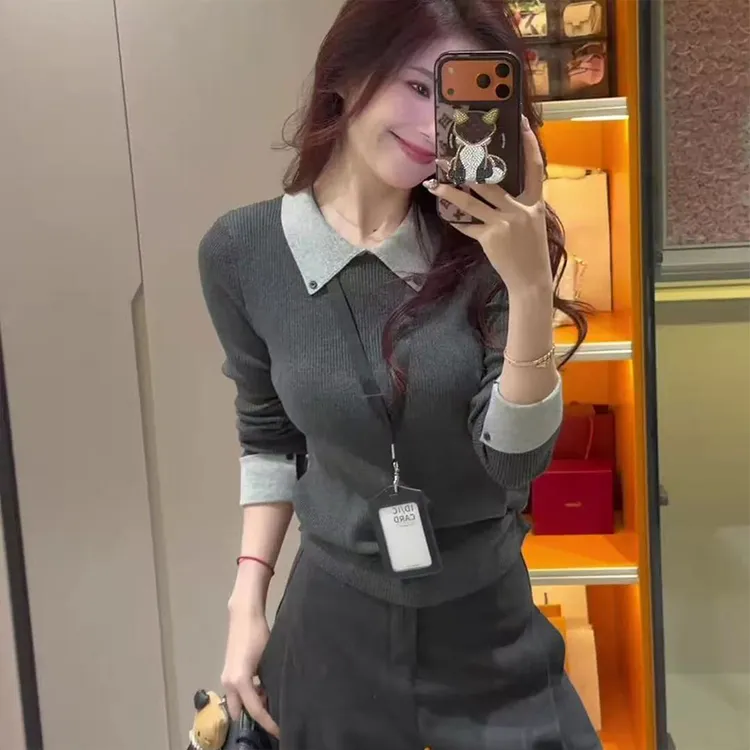 法式翻领长袖针织打底衫女2025新款秋冬季修身内搭毛衣polo衫上衣