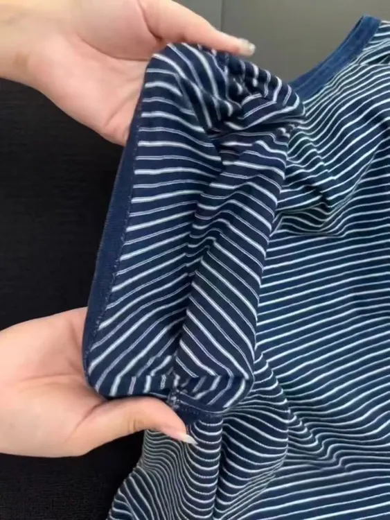 复古条纹圆领短袖T恤女夏季2025新款设计感洋气减龄上衣阔腿裤