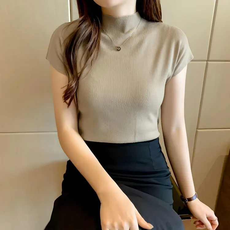 薄款金步康2025年夏新款冰丝针织衫女短袖修身半高领打底衫大码薄