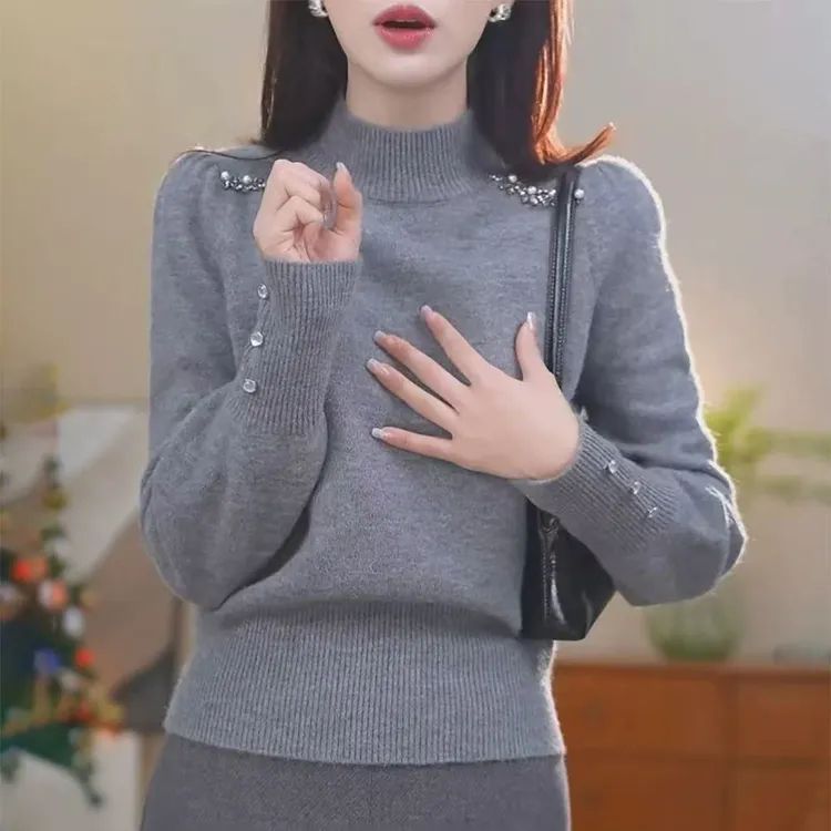 灰色镶钻半高领打底毛衣女长袖秋冬2025新款内搭欧货漂亮针织上衣