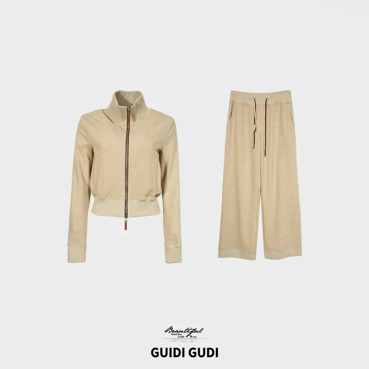 GUIDI GUDI【杏苑题名】时尚休闲运动风两件套套装/黄加蓝 