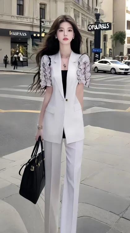新款时尚通勤风白色V领短袖修身外套+白色百搭显瘦长裤氛围感套装
