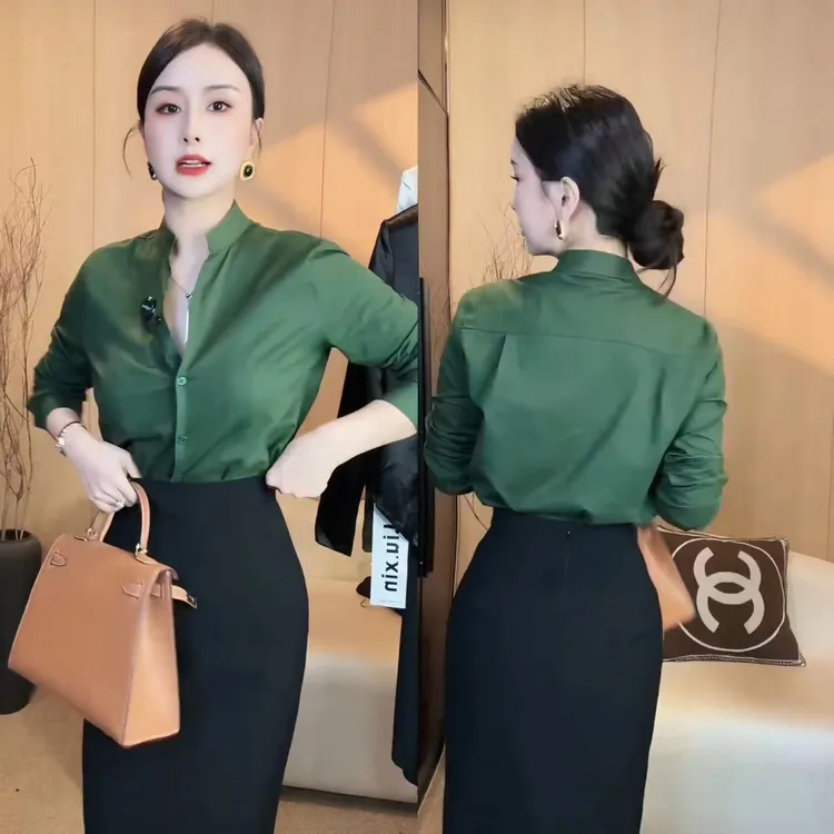 刘欣定制春秋款气质长袖衬衫女2025新款复古港风宽松百搭小衫6648