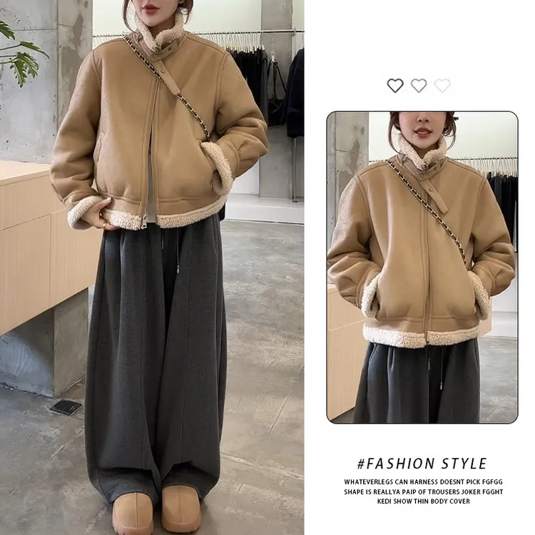 秋冬新款韩版复古立领短外套女加厚保暖皮毛一体羊羔绒夹克上衣