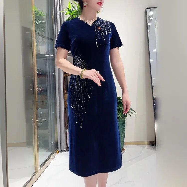 妈妈婆婆装植物花卉烫钻显瘦气质洋气中国风时尚减龄优雅直筒裙子