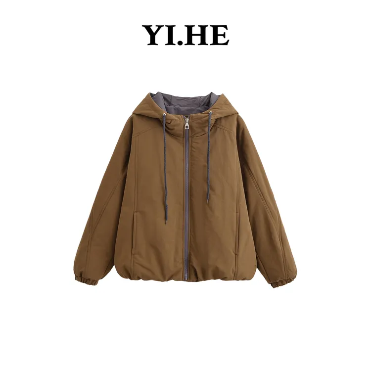 YIHE/2025 冬季保暖连帽抽绳女棉服撞色休闲百搭上衣简约棉衣新款
