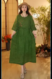 【墨绿】新品100%纯苎麻洋气显瘦绣花文艺宽松复古连衣裙