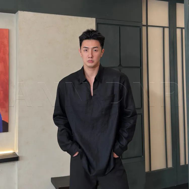 ANN DNR “绿洲系列“夏季轻薄透气亚麻松弛海鸥领衬衫SL61225