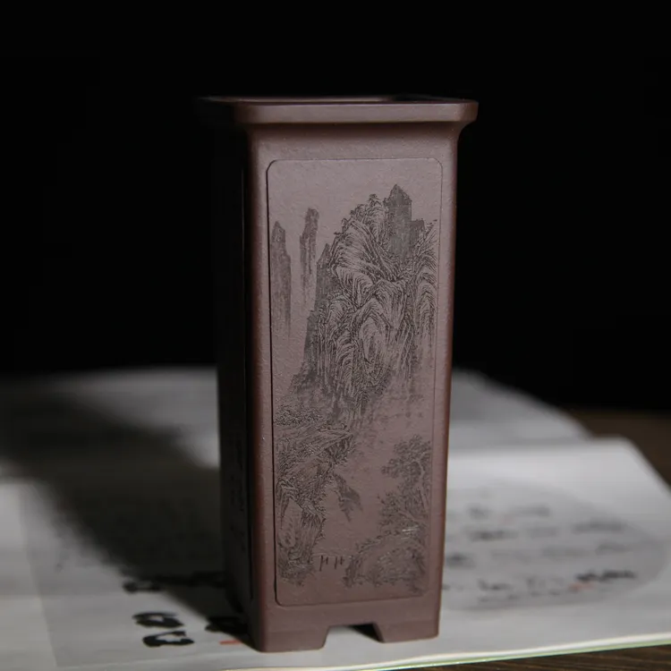 盆客陶瓷 精品紫砂盆 朱民伟全手工原矿紫泥高四方签筒文人盆景盆