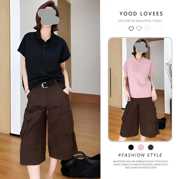 翻领气质显瘦上衣女2025夏季爆款洋气减龄捏褶口袋百搭休闲裤套装