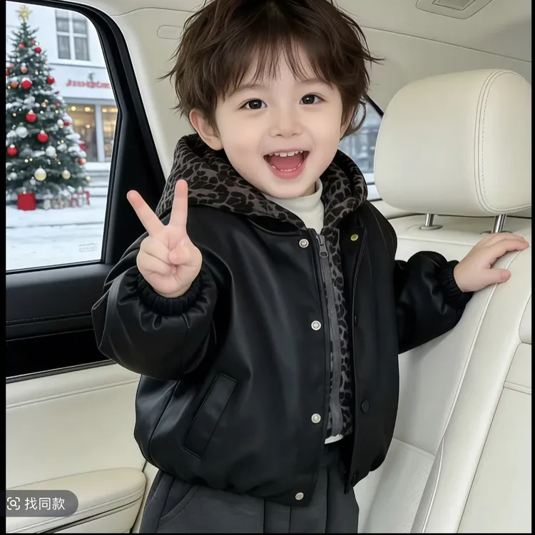 儿童加绒夹棉外套冬款男童假两件豹纹皮衣夹克衫加厚冬装洋气韩版
