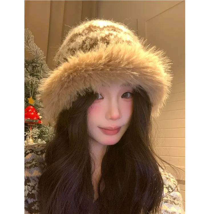 大头星球渔夫帽女冬季大头围针织帽费尔岛风盆帽保暖毛茸茸水桶帽