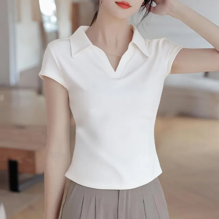 螺纹修身翻领短袖t恤女2025年新款polo衫收腰设计感上衣显瘦衣服