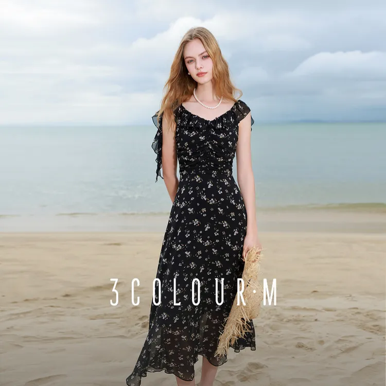 【品牌福利】三彩2025夏季新款碎花连衣裙荷叶边吊带裙收腰Adbc