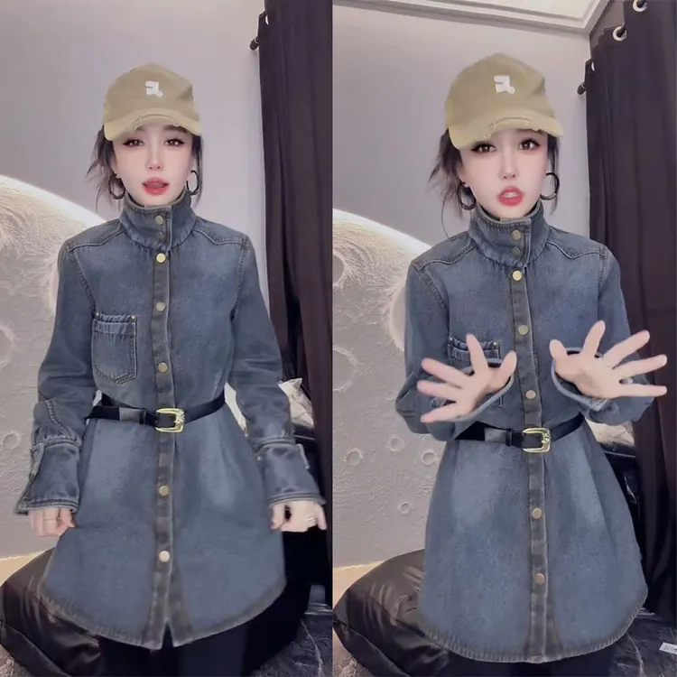 港风复古牛仔风立领加绒秋冬季外套女收腰显瘦通勤高级感百搭衬衣