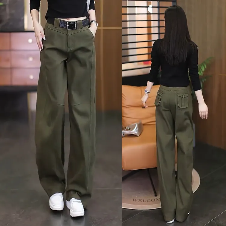 军绿色工装裤秋季女裤子2025新款休闲裤高腰直筒裤宽松显瘦阔腿裤
