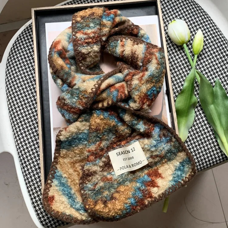 2026新款复古费尔岛风双面围巾女秋冬季加厚圈圈毛油画高级感围脖