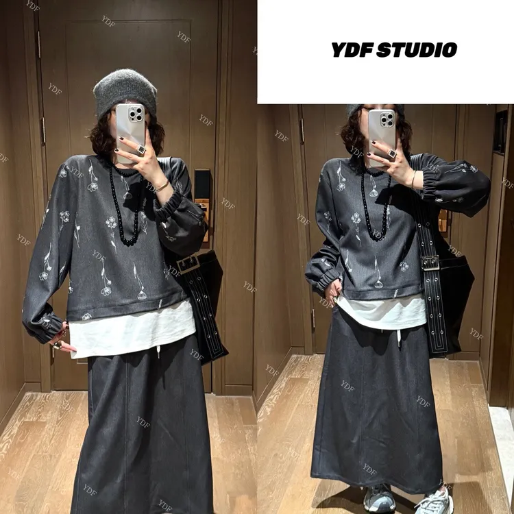 YDFSTUDUO小众【蔷薇少女】高品刺绣花朵设计假两件上衣+半裙套装