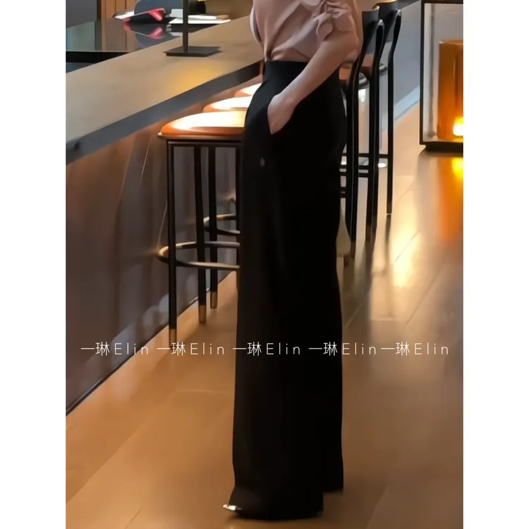 一琳Elin【长腿裤】高腰显瘦窄版微喇垂感百搭黑色裤子XMZH9259