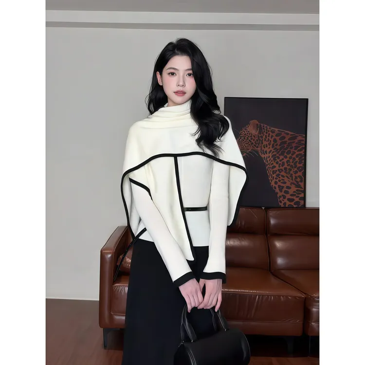 韩版气质v领撞色针织衫女秋季新款弹力修身三角巾披肩两件套W2-15