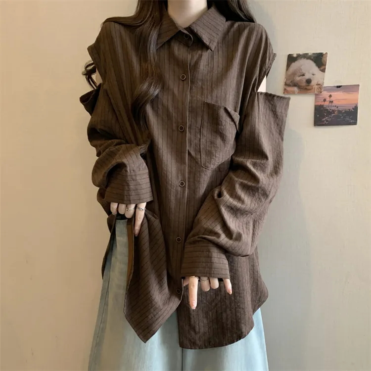 大码秋季新款韩系小众设计感露肩翻领条纹宽松显瘦衫衬上衣气质