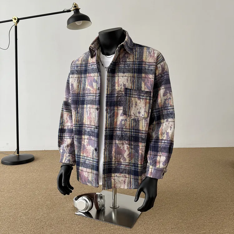 秋季重磅美式复古厚款泼墨情侣扎染格子衬衫潮流男款百搭格纹外套