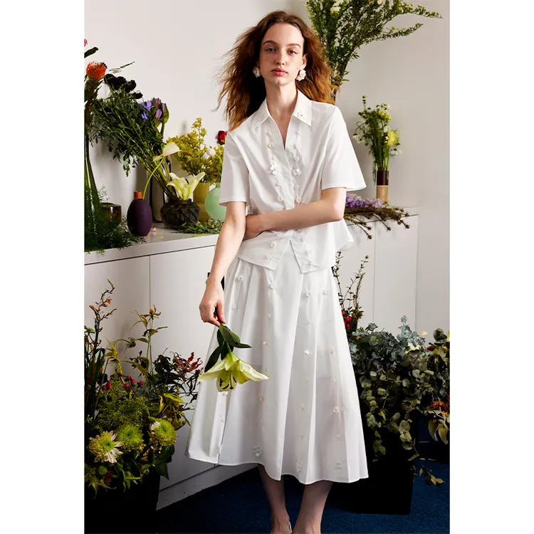 AEL原创法式钉珠设计感棉套装短袖衬衫a字半裙AS5BA276+AS5BA277
