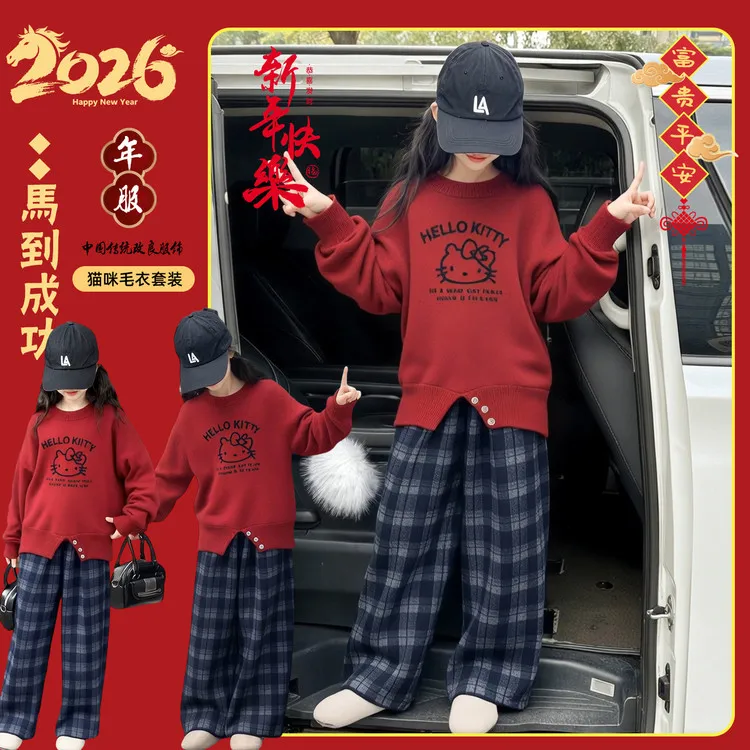 KT猫圆领卡通套头时尚针织毛衣洋气秋冬女童上衣红色【大吉大利】