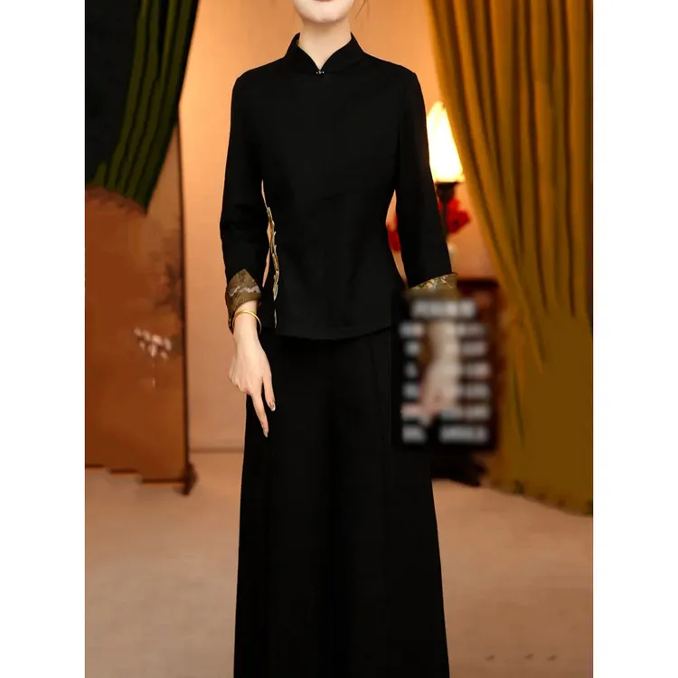 新中式文艺风显瘦裤套装2026春季新款贵夫人百搭立领衬衫+阔腿裤