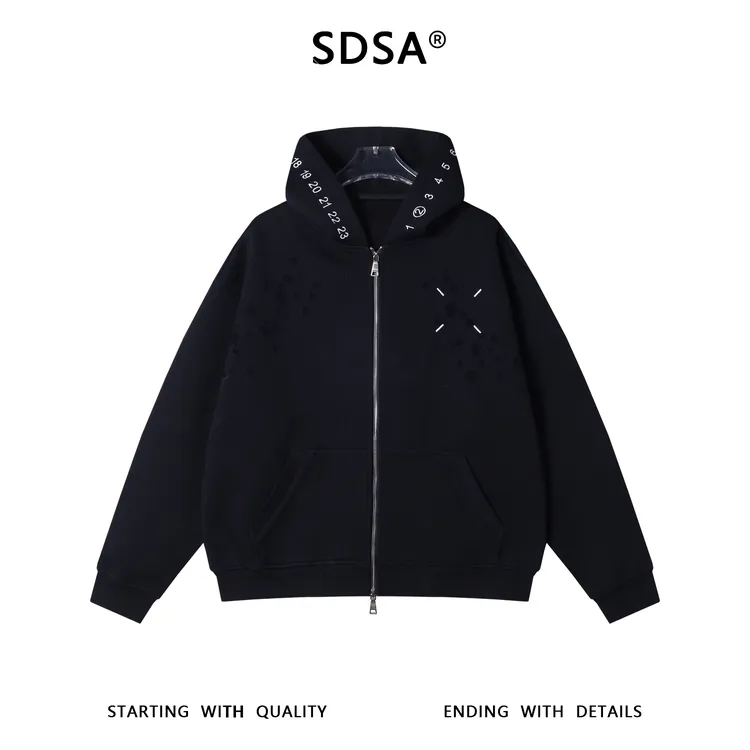 SDSA秋冬新款痞帅男装简约撞色刺绣数字拉链连帽开衫卫衣休闲百搭