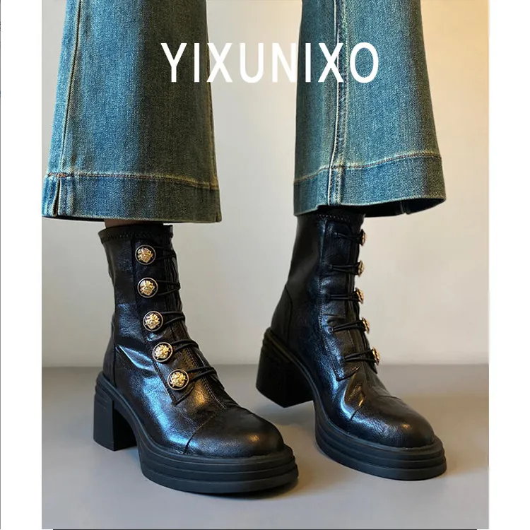 牛皮版~徽章小金扣马丁靴女复古厚底秋冬新款粗跟瘦瘦靴高跟短靴