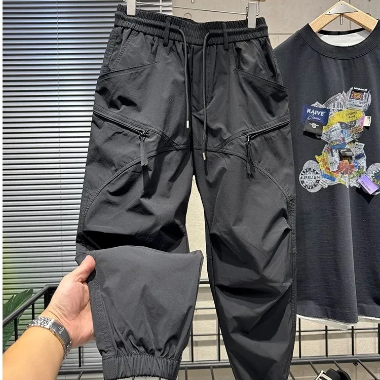 秋季新款男士黑色工装裤宽松户外休闲速干机能九分裤潮牌哈伦裤