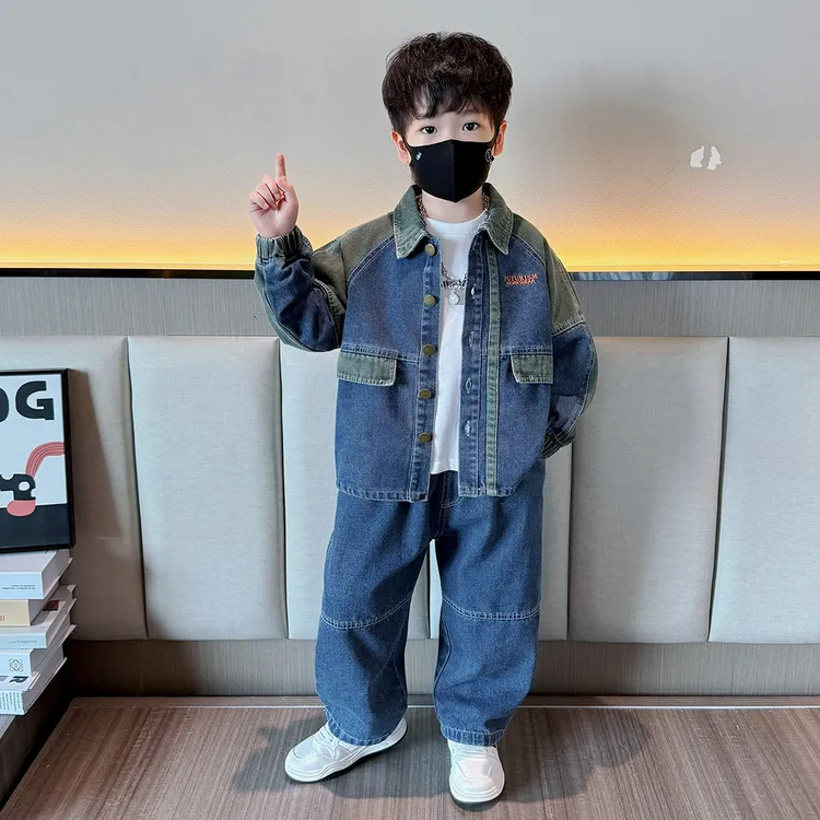 儿童套装男童牛仔工装服春秋2025新款酷帅气男孩秋装时髦两件套潮