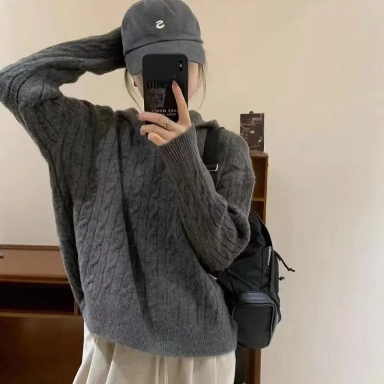 慵懒风韩系连帽毛衣女秋冬2025新款小个子内搭打底针织衫灰色上衣